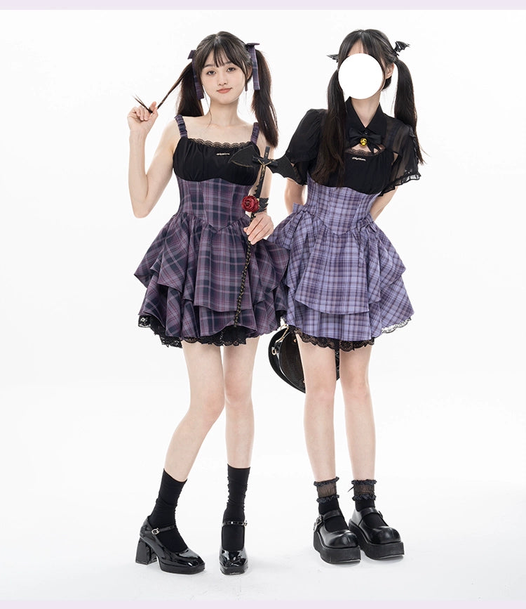 Kawaii Purple Plaid Onepiece Dress Black Bolero 22508:323468 22508:323468