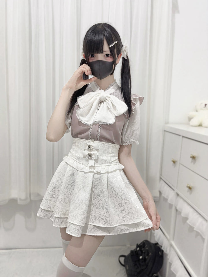 Jirai Kei Blouse Lace Bow Tie Lace Short Sleeve Shirt (L M) 38740:600492