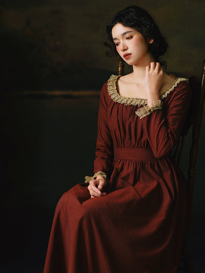Mori Kei Dress Classical Oil Painting Dress Rust Red Dress 36348:544658