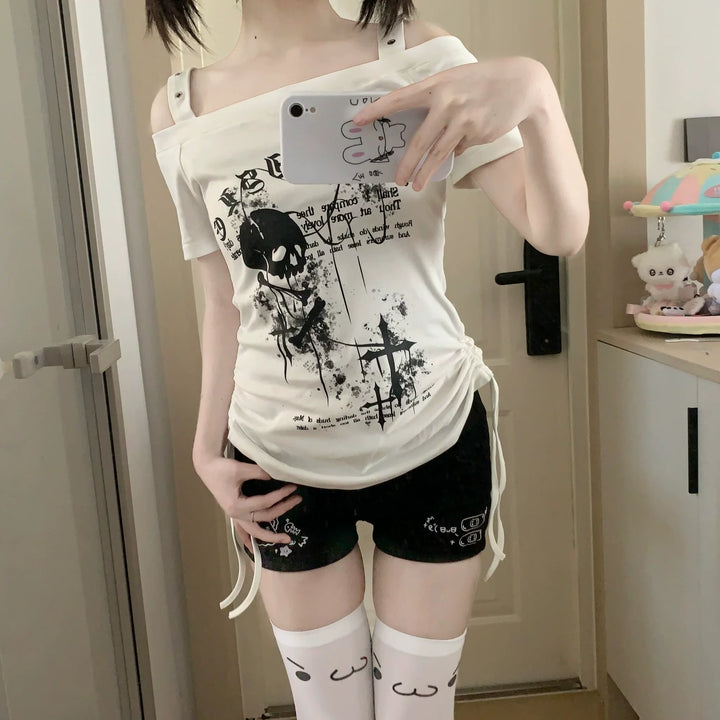 Subculture Skull Printed T-Shirt, Side Drawstring 45643:858222