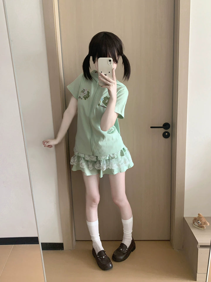 Bunny Eared Kawaii Outfit, Zip-Up Sweatshirt + Lace Skirt 43558:779760