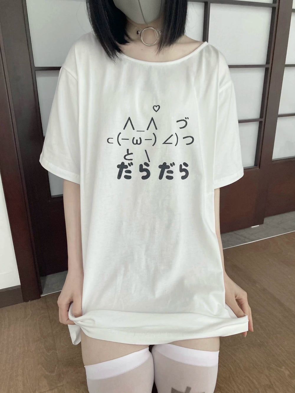 Kawaii T-shirt Emoticon Print Cotton T-shirt (M / White) 37654:606504