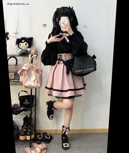 Jirai Kei Skirt High Waist Lace Up Skirt With Bow Tie 31860:396664
