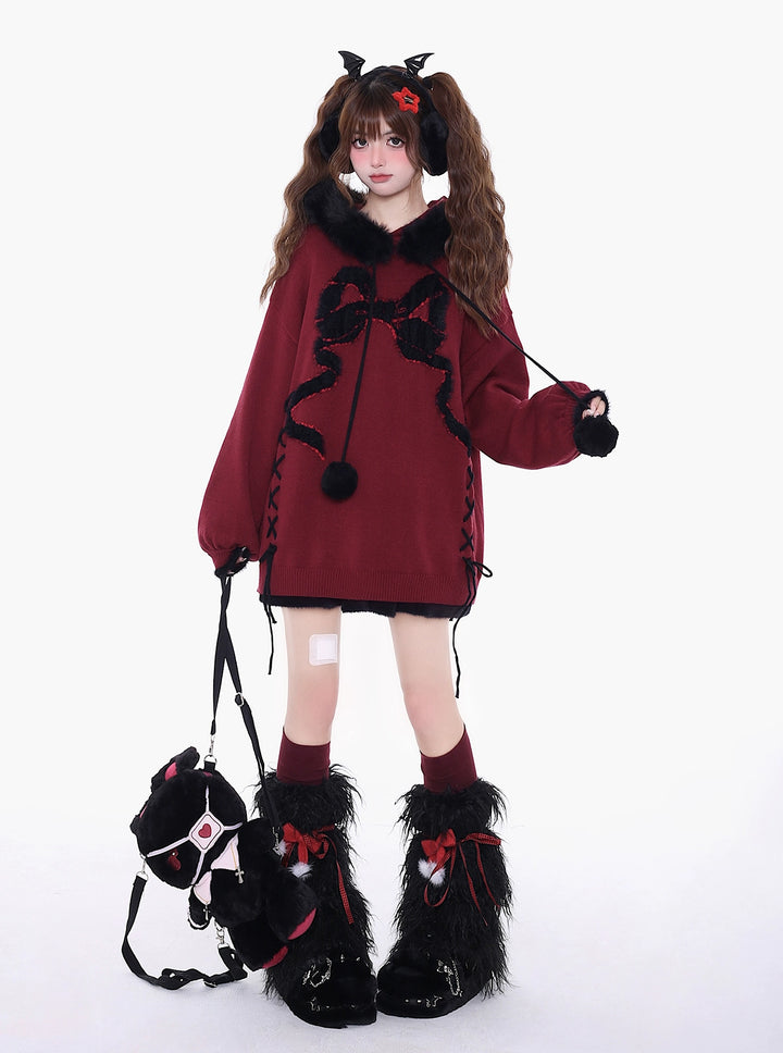 Yami Kawaii Sweater Bow Black Red Hoodie Detachable Collar 39556:639640