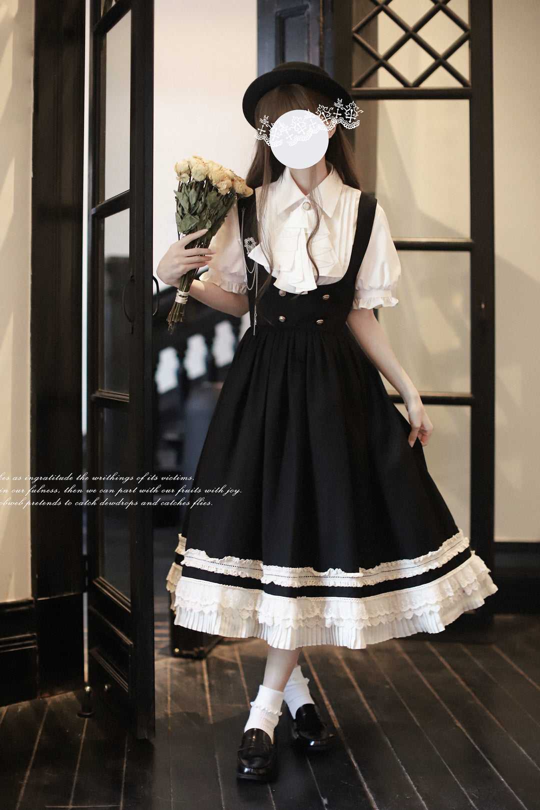 Black Preppy Style Jumper Dress, White Blouse 43508:778723