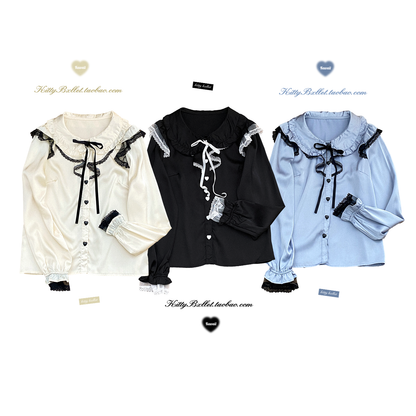 Jirai Kei Shirt Ruffle Ribbon Blouse Long Sleeve Lace Shirt 29532:396546