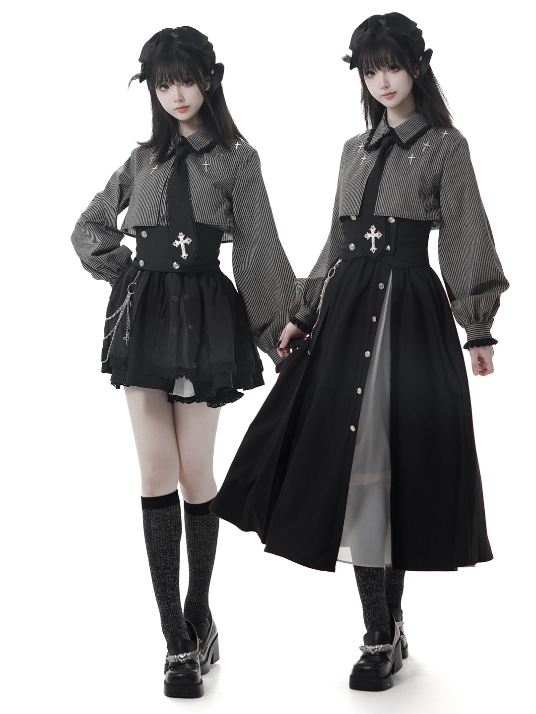 Gothic Striped Blouse and Black Skirt Set 44172:800239