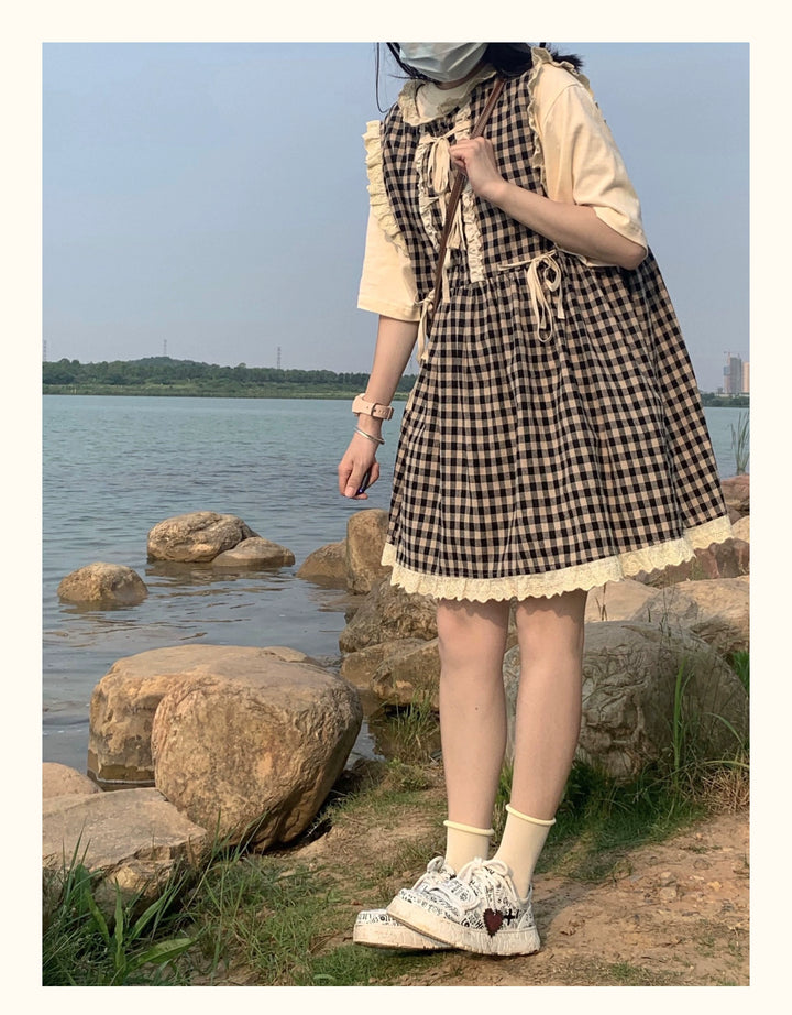 Kawaii Dress Mori Kei Dress Plaid Vest Dress Cotton Linen Dress 36450:523344 36450:523344