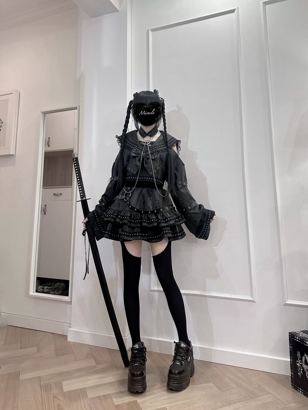 Subculture Black Top & Skirt Set, Snakeskin-Like Style 44771:827687