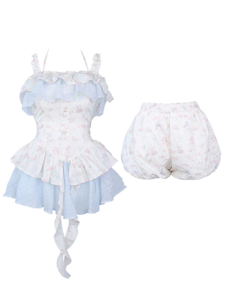 Halter Neck Gyaru Dress + Floral Print Bloomers 43436:780254