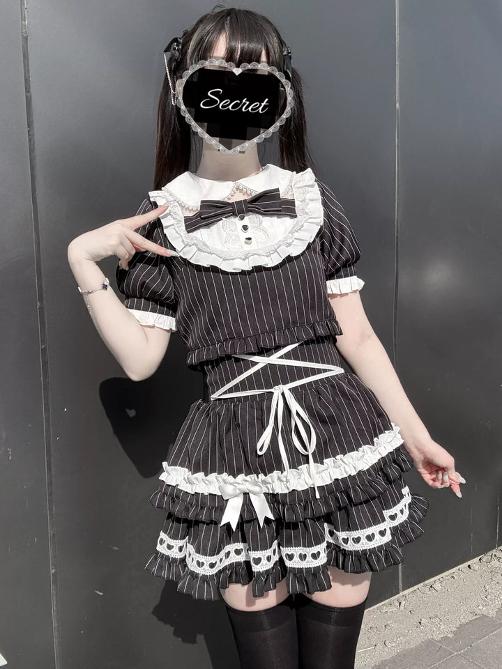 Jirai Kei Striped Blouse and Skirt Set, Pearl-trimmed Collar 45333:848634