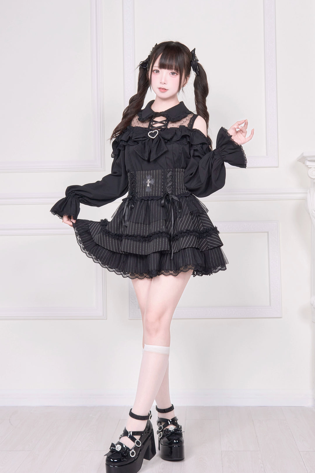 Sheer Open Shoulder Jirai Kei Blouse, Chest Flounce Hem 43682:782674
