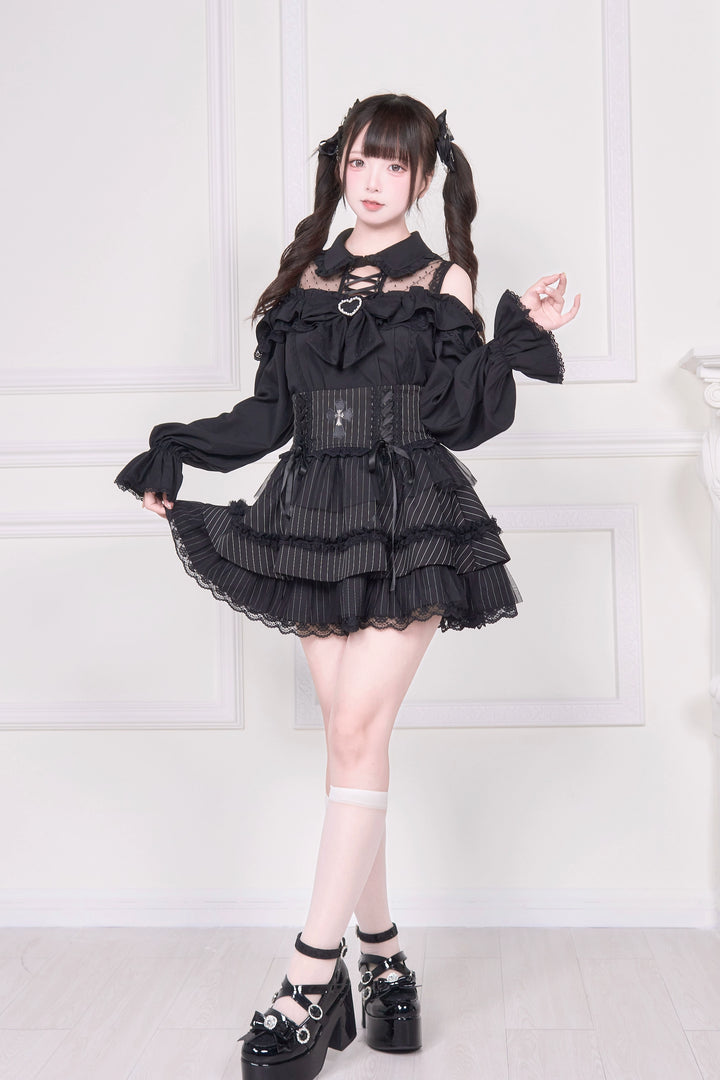 Sheer Open Shoulder Jirai Kei Blouse, Chest Flounce Hem 43682:782674