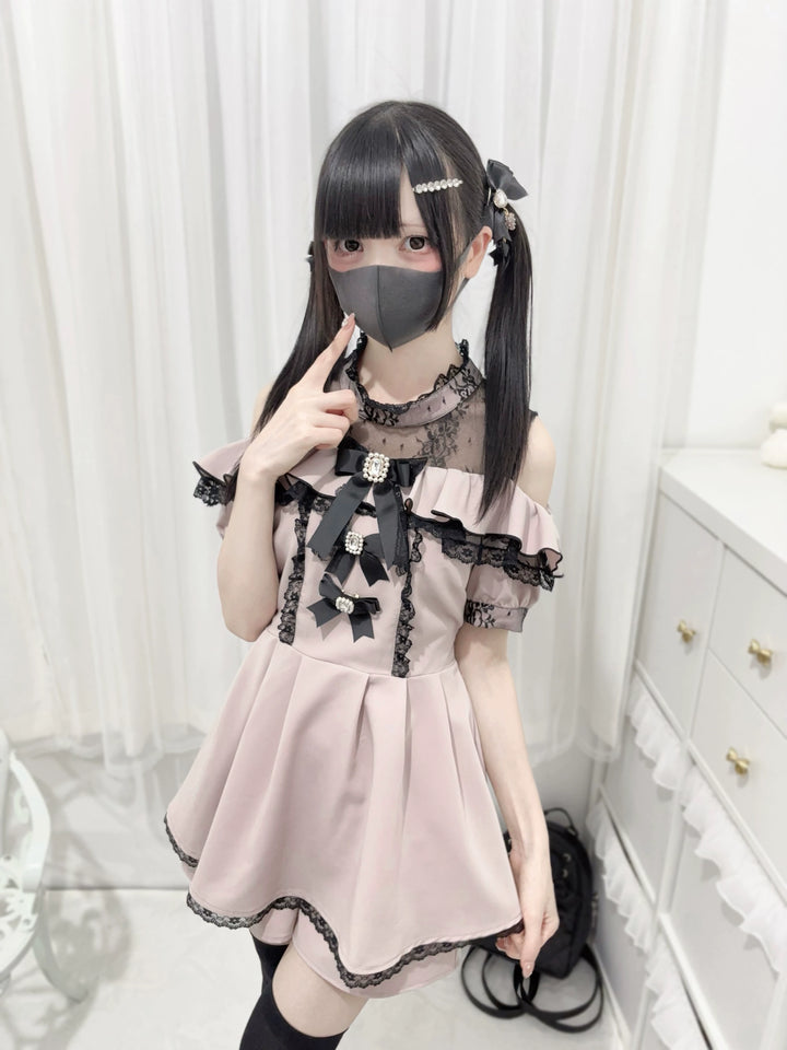 Jirai Kei Dress Set Off-Shoulder Lace Dress Stand Collar (L M) 38736:600786