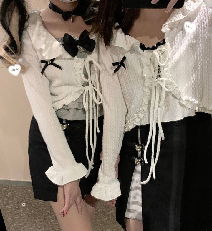 Kawaii Pink White Bow Lace Up Cardigan 21794:318666