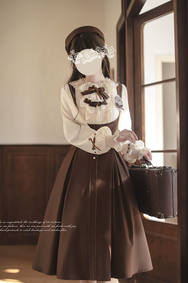 Elegant Lolita Brown and Beige OP Dress Set 44124:797958
