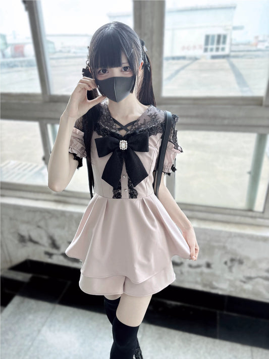Jirai Kei Dress Set Pink Black Open-Shoulder Winged Collar Dress 37660:577988