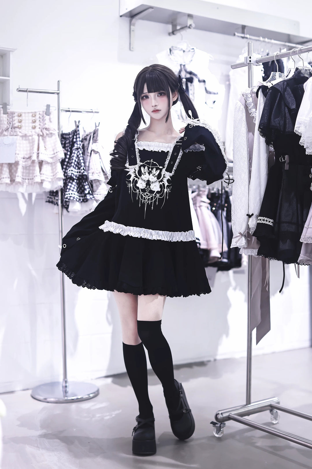 Punk Bunny Print T-shirt Dress, Adjustable Shoulder Straps 45836:865257