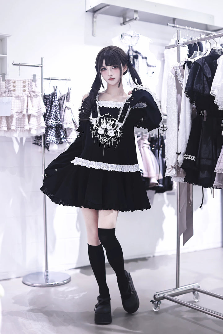 Punk Bunny Print T-shirt Dress, Adjustable Shoulder Straps 45836:865257