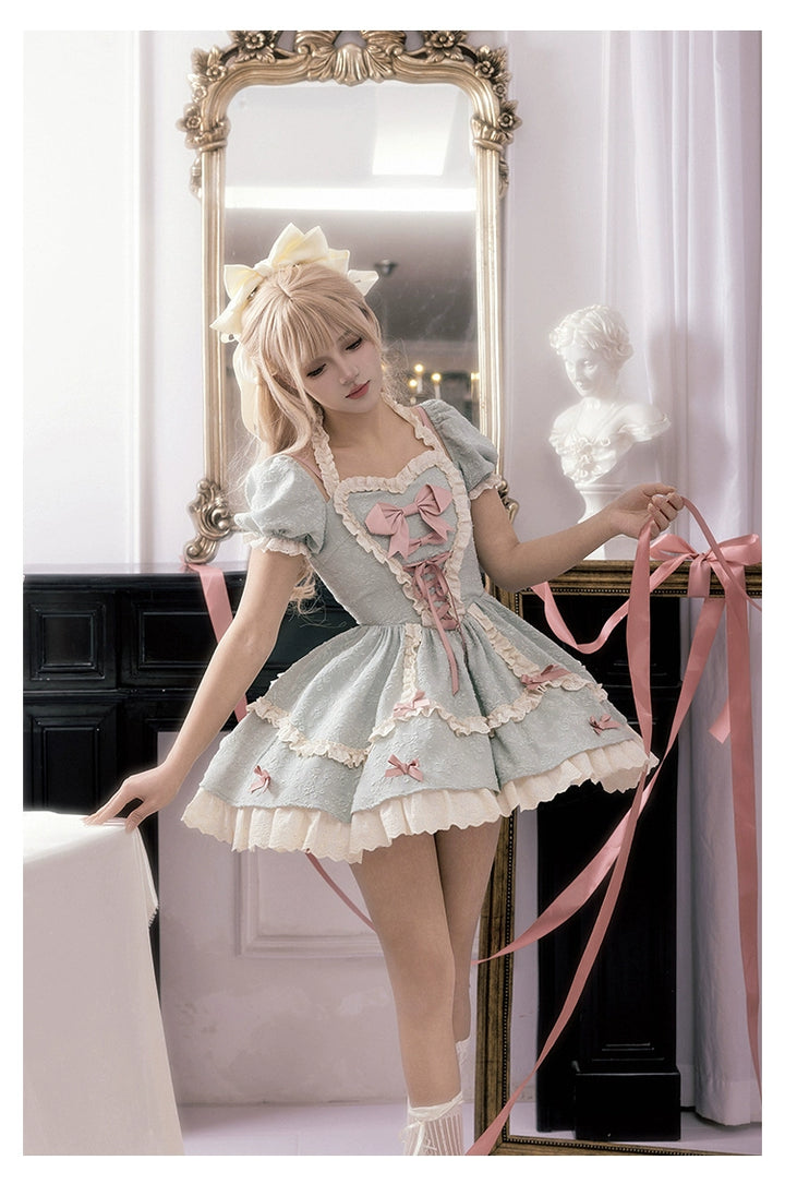 Sweet Lolita Dress Heart-shaped Neckline Puff Sleeves OP 38070:609076