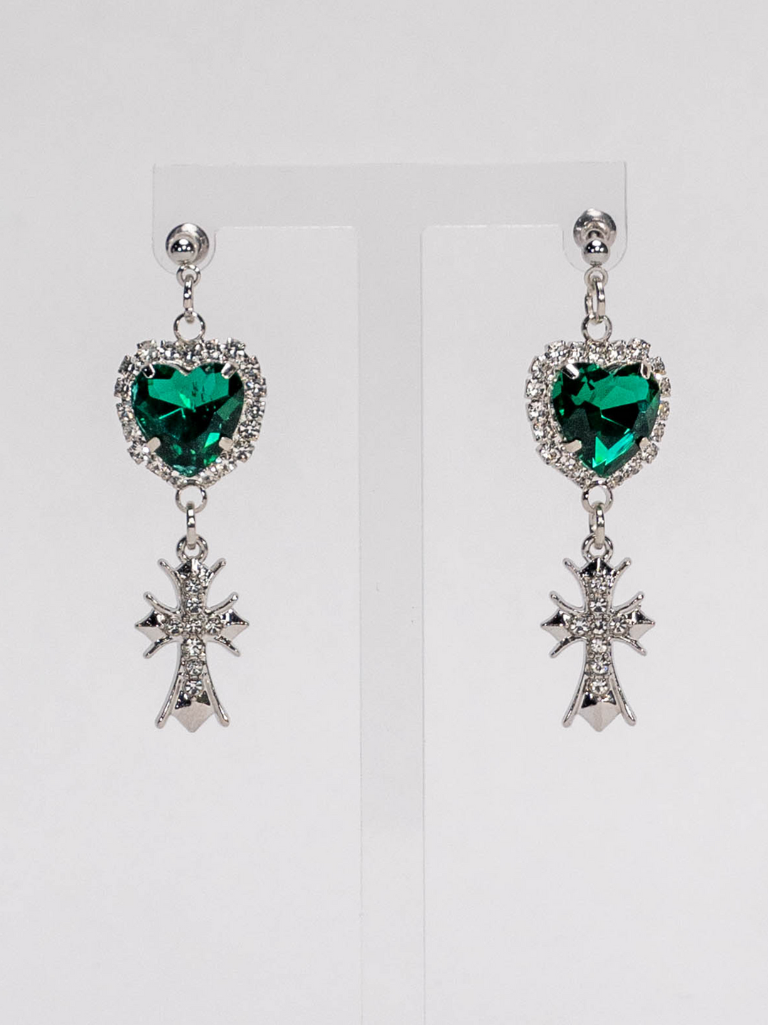 Jirai Kei Heart-Shaped Rhinestone Cross Earrings 21626:310022 21626:310022