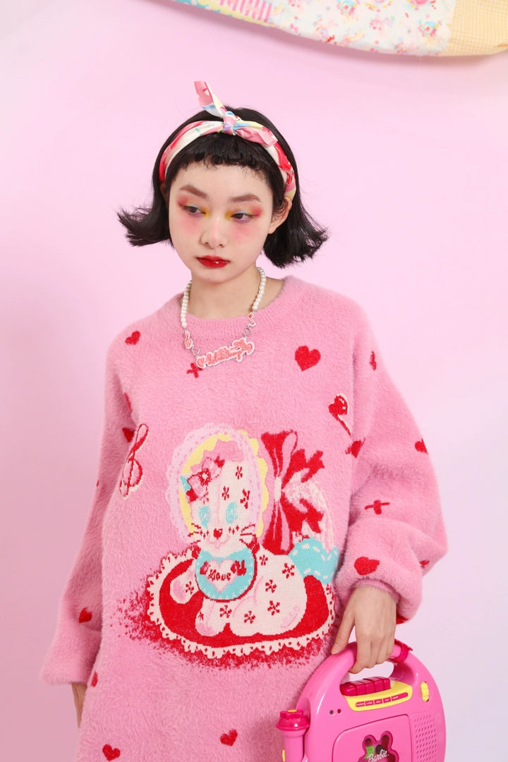 Kawaii Pink Sweater Dress Fluffy Dress With Heart Cat Patterns 31508:367828 31508:367828