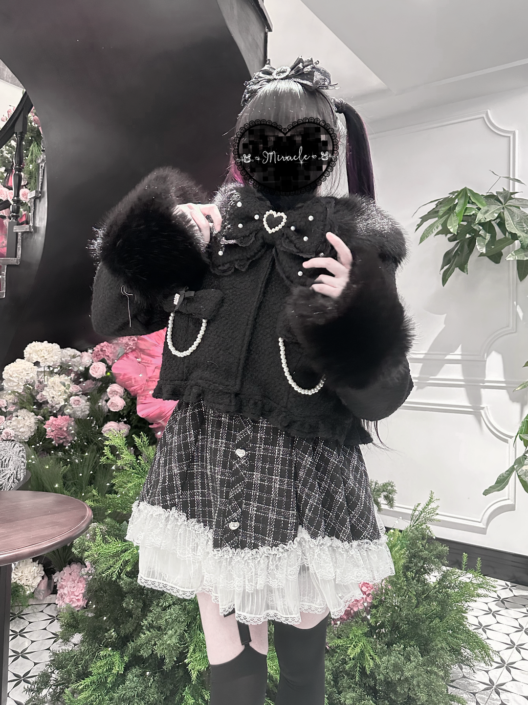 Black Jirai Kei Short Coat, Detachable Faux Fur Collar 44331:805481