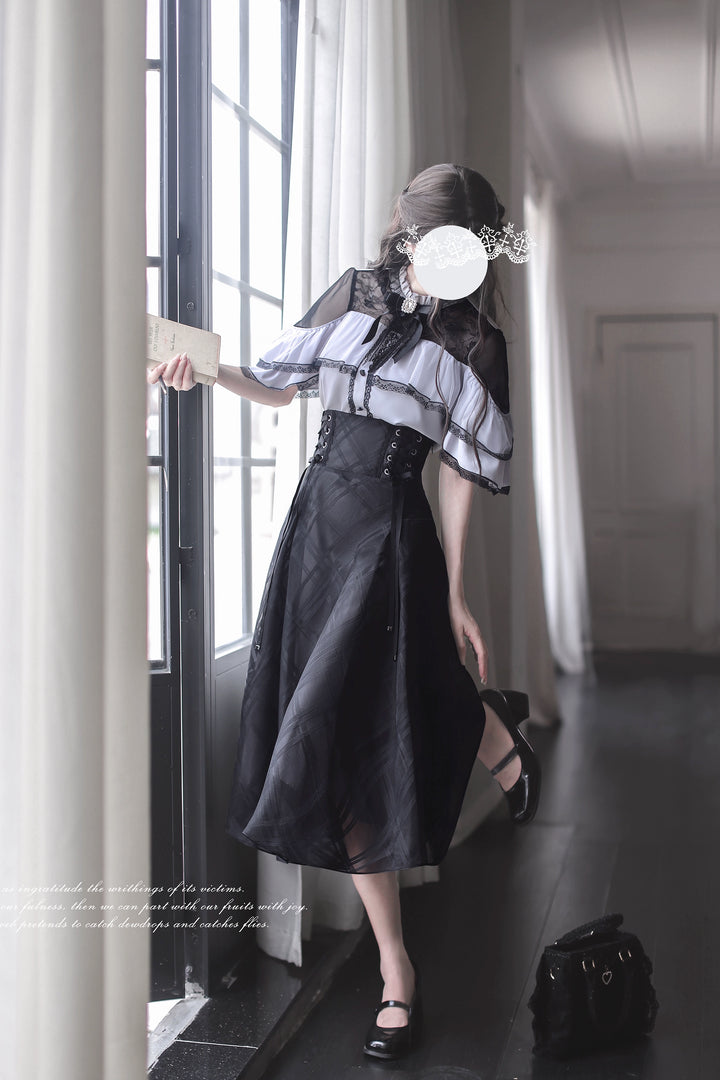 Black Long Jirai Kei Skirt With Elegant Purple Cape Blouse 43111:766084