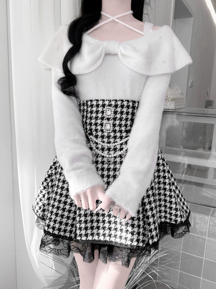 Jirai Kei Open-Shoulder Sweater, Faux Mink Plush 44156:797407