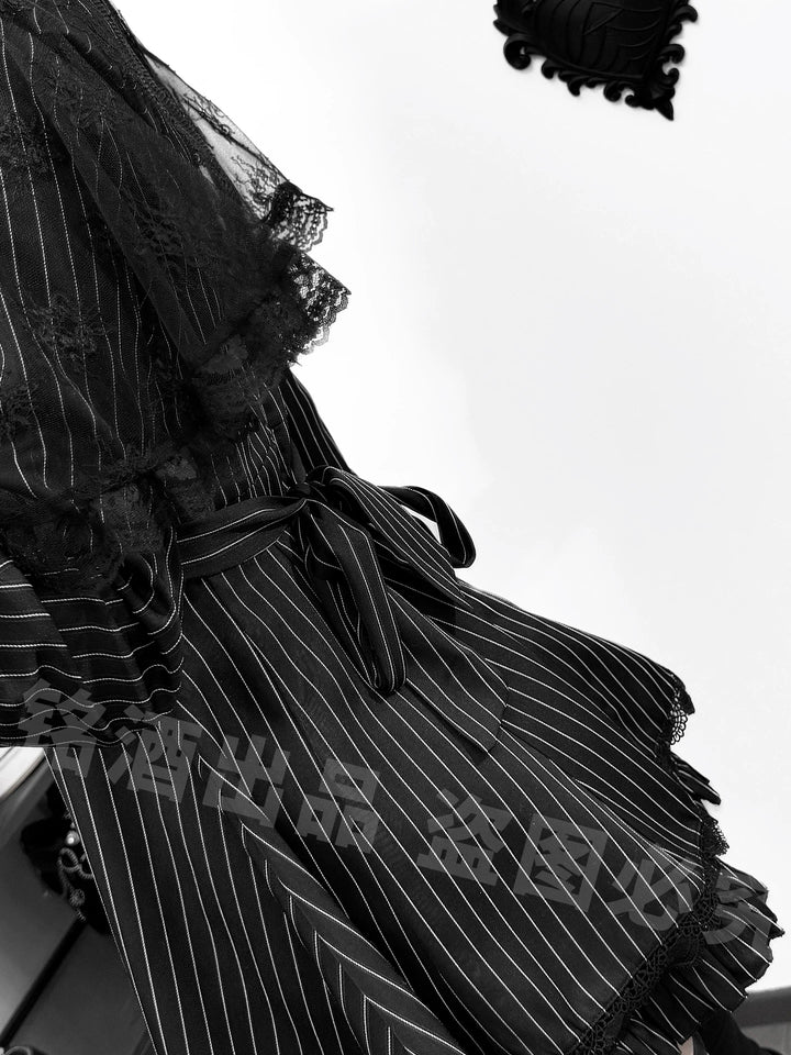 Striped Jirai Kei Dress, Black Lace Shawl 44786:827937