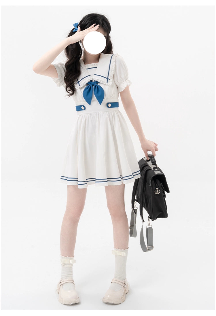 Preppy Dress Sailor Collar Dress White Short Sleeve Dress 36416:574328