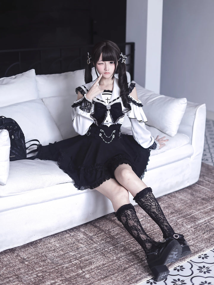 Lace Jirai Kei Sailor Collar Blouse, High Waist Skirt Set 45626:859327