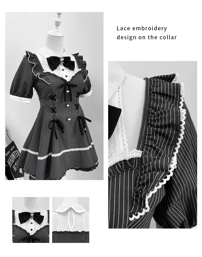 Jirai Kei Set Up, Striped Open-Shoulder Dress + Elastic Shorts 43545:779002