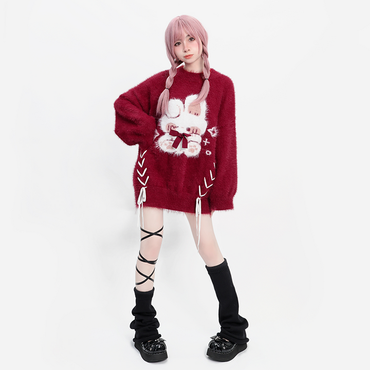 Kawaii Red Pagoda Sleeve Fluffy Strap Sweater 22756:326812