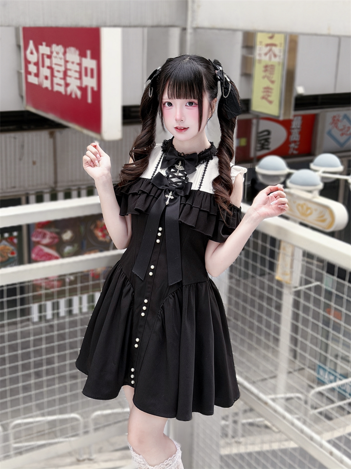 Jirai Kei Open Shoulder Dress, Layered Ruffle 44949:831309