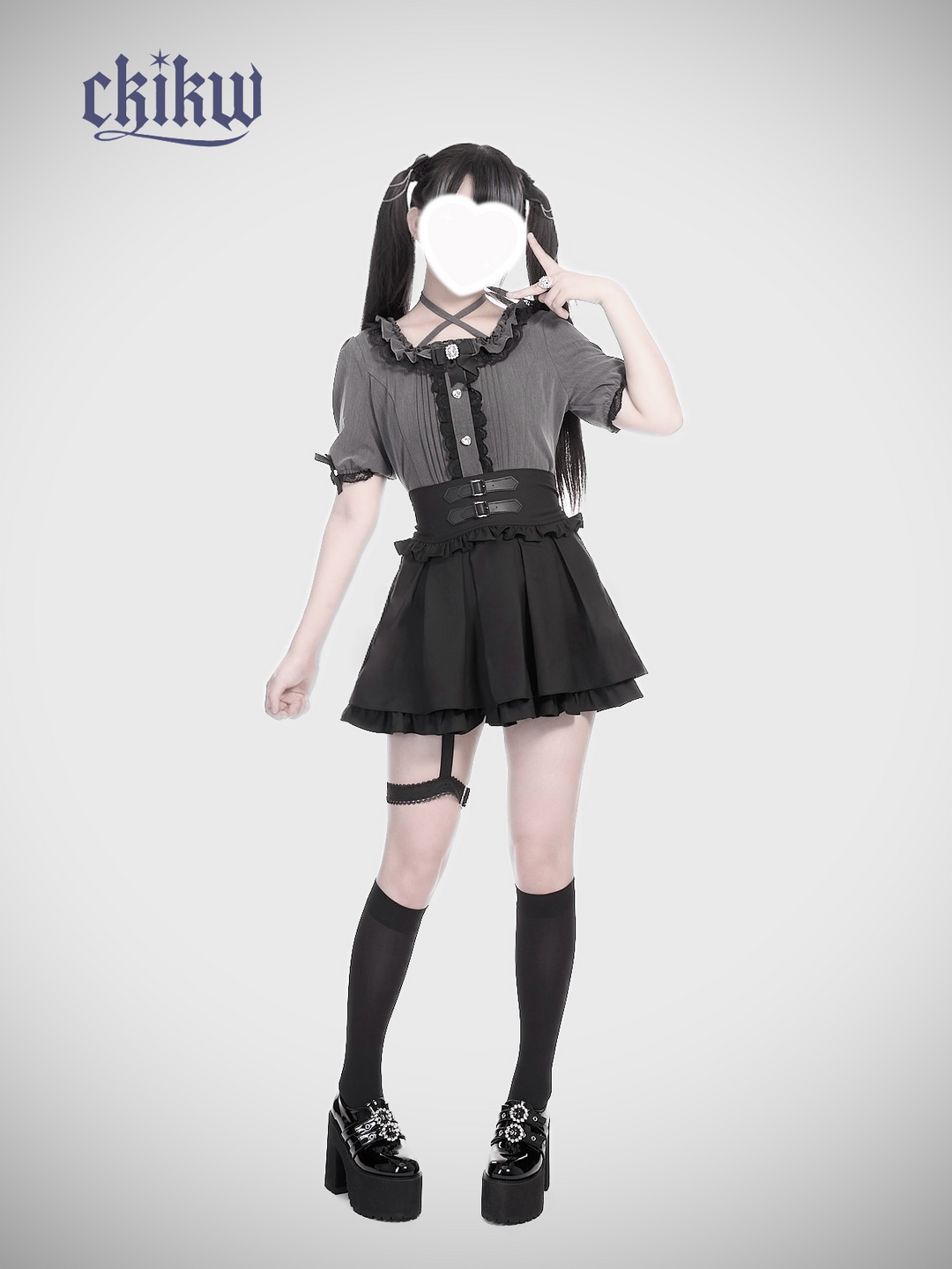 High Waist Jirai Kei Skirt, Adjustable Garter 43610:780650