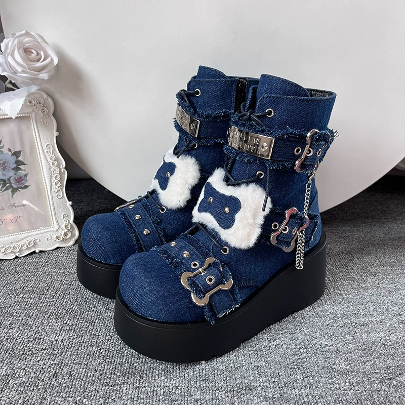 Subculture Shoes Bone Round Toe Platform Denim Martin Boots (34 35 36 37 38 39 40) 40324:656134