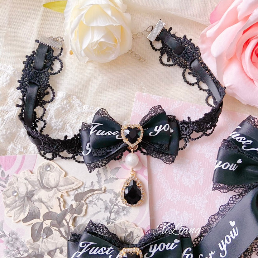 Jirai Kei Hairpins Black Pink Bow Ring Necklace Choker 28910:358376