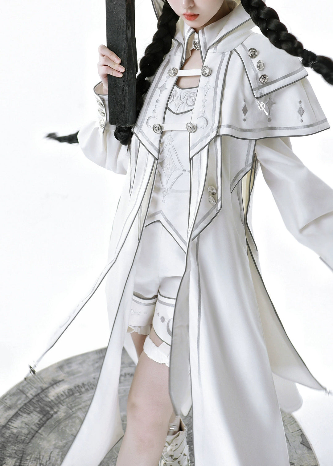 Cyberpunk Cloak Set White Hooded Cloak Top And Shorts 38820:602030