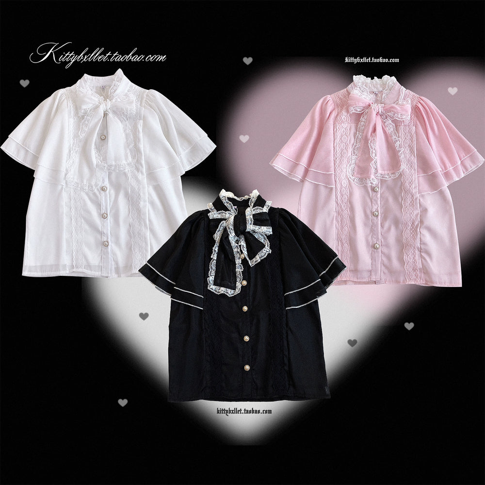 Caped Chiffon Jirai Kei Blouse With Hand-tied Bow (Black Pink White / F) 43106:765873