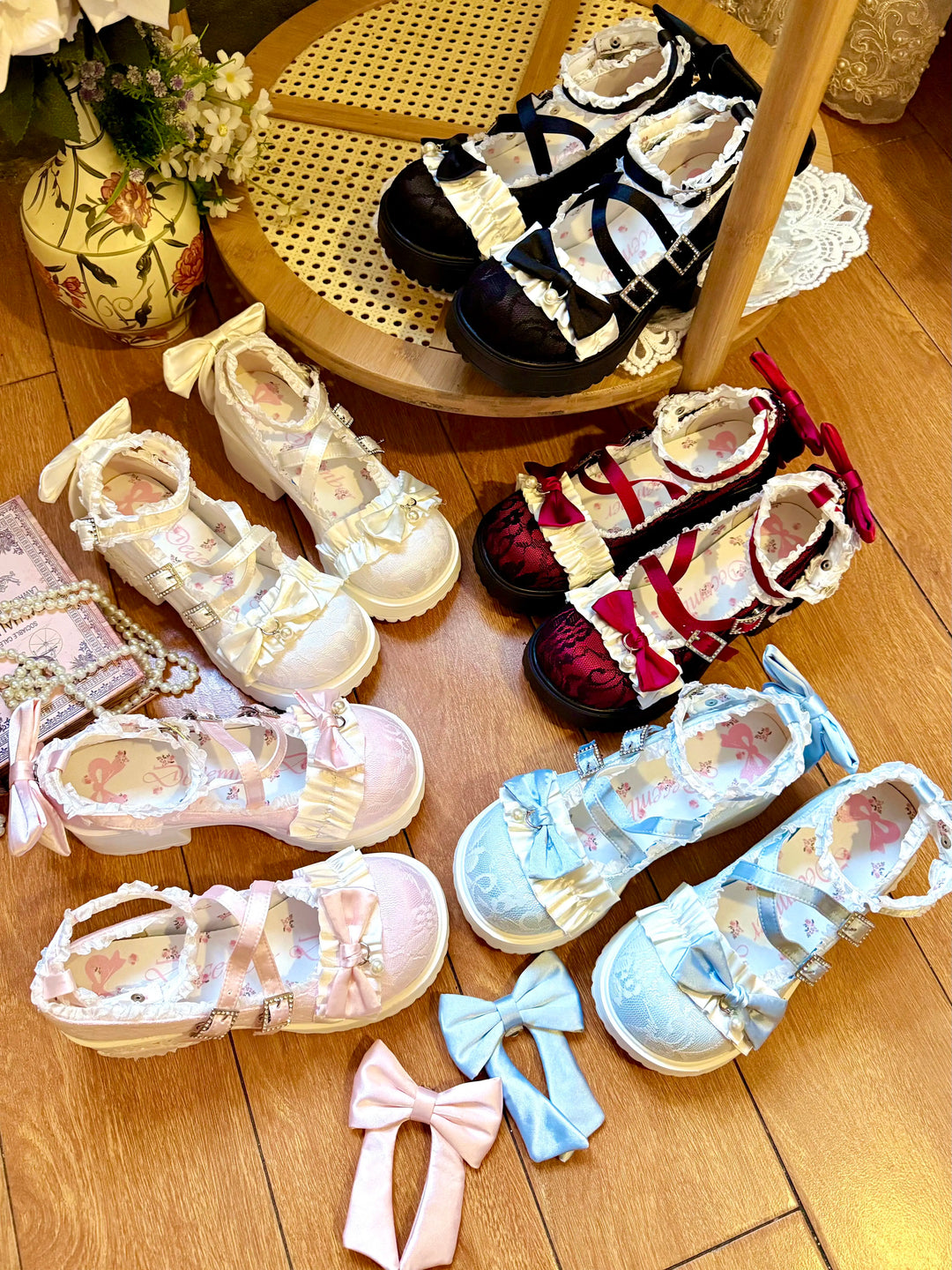 Classic Lolita Mary Jane Shoes, Lace Tulle & Ribbon Bow 46012:873437