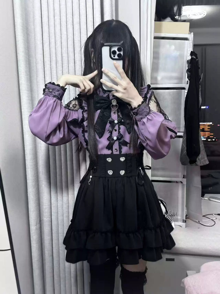 Purple Jirai Kei Blouse, Lace Trim and Detachable Bows 44666:818557