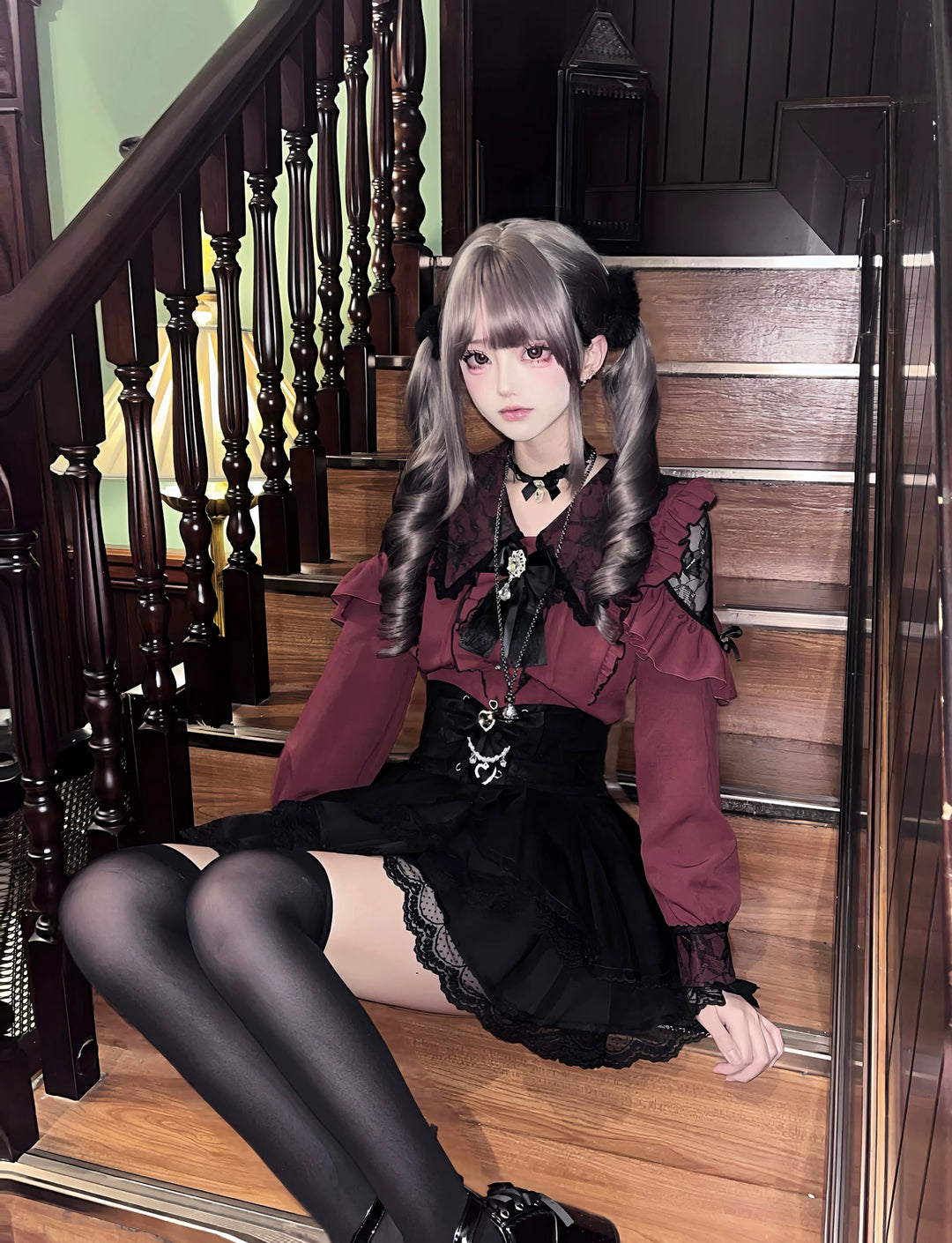 Jirai Kei Long Sleeve Blouse, Lace Overlay and Heart Buttons 44589:815213