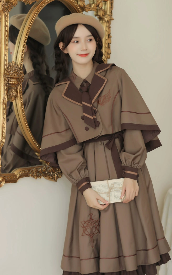 Preppy JK Uniform Dress A-line Princess Dress With Cape Multicolor 42437:761027