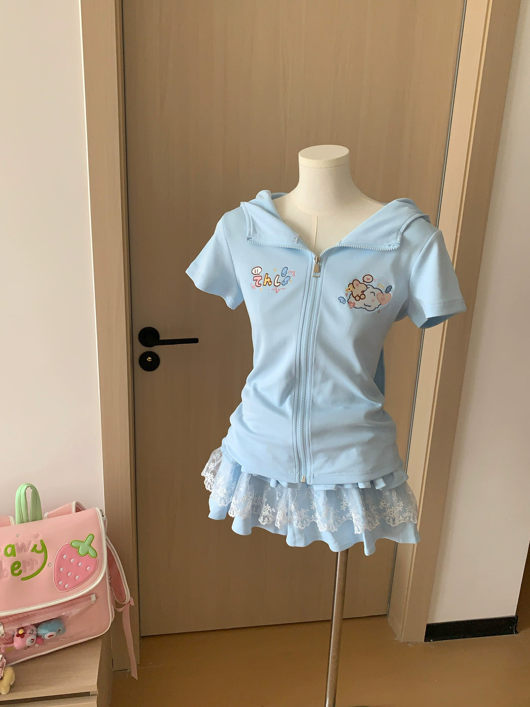 Bunny Eared Kawaii Outfit, Blue Zip Up Sweatshirt + Lace Skirt 43560:779914