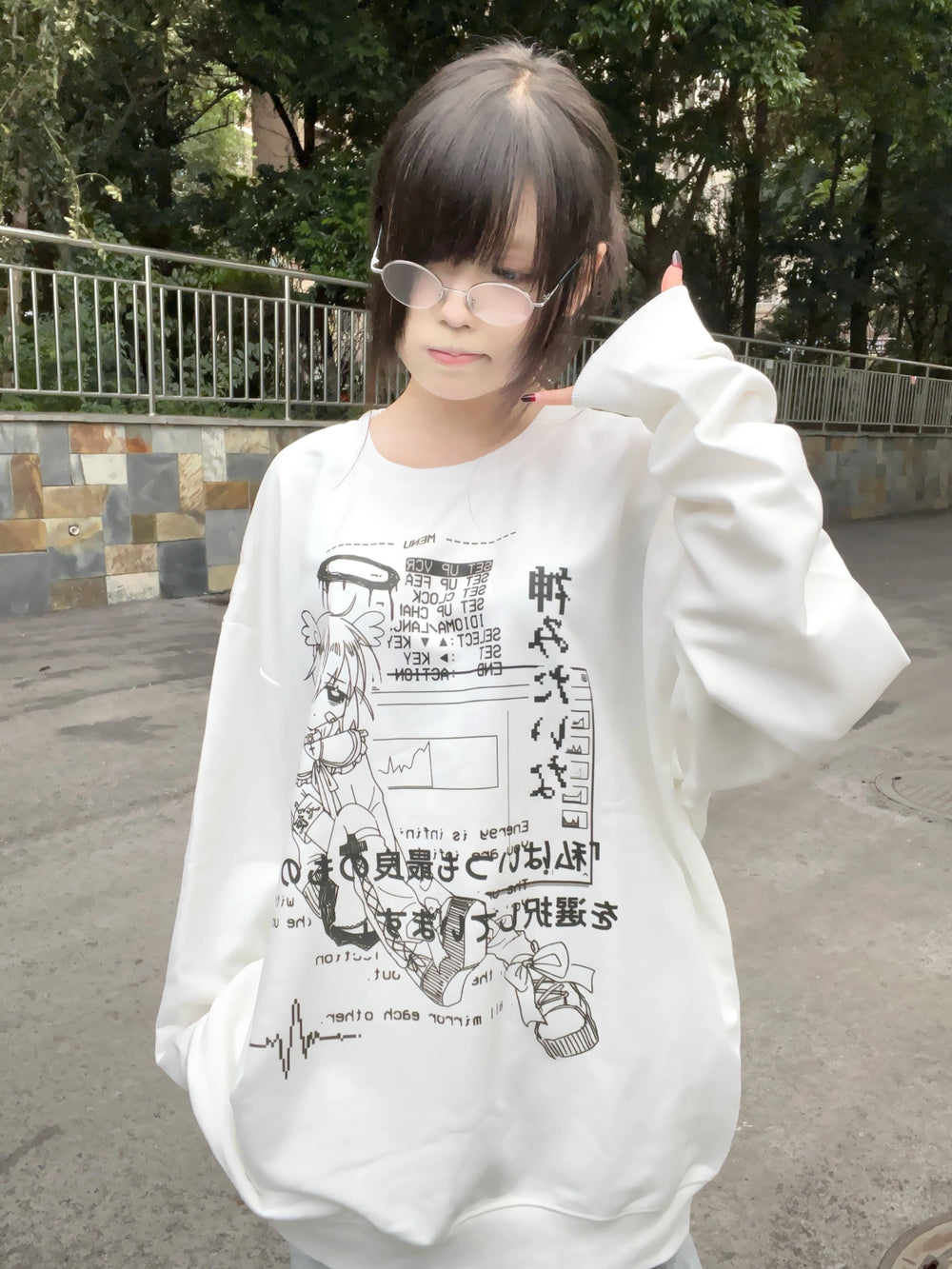 Jirai Kei Sweatshirt Cyber Punk Anime Print Shirt (L M / White) 39744:635368