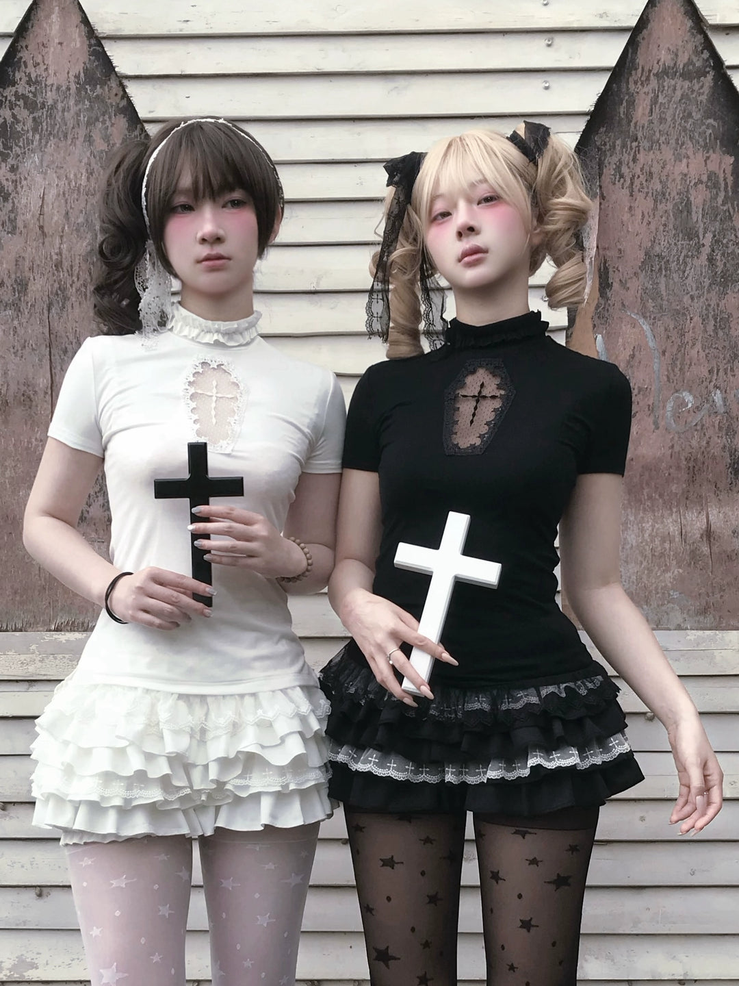 Gothic Cross-Detailed Top & Tiered Ruffle Bloomers 43079:764548