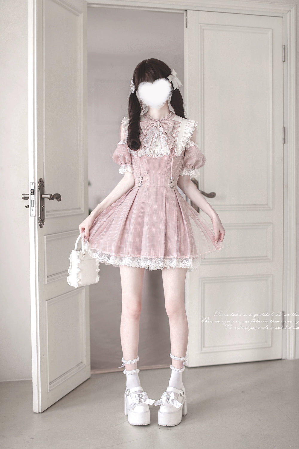 Pink Ryousangata Dress With Lace Trim & Square Rhinestone Bow 43193:770328