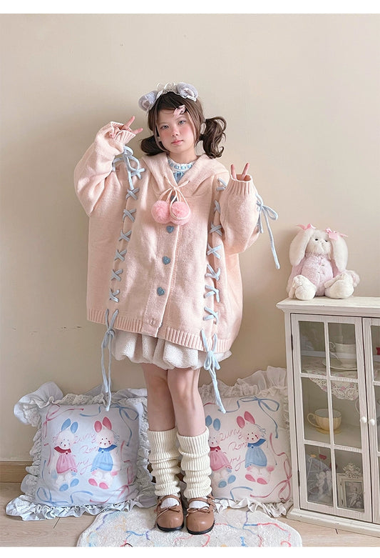 Kawaii White Pink Blue Cardigan Bunny Ears Sweater Coat 22658:345292
