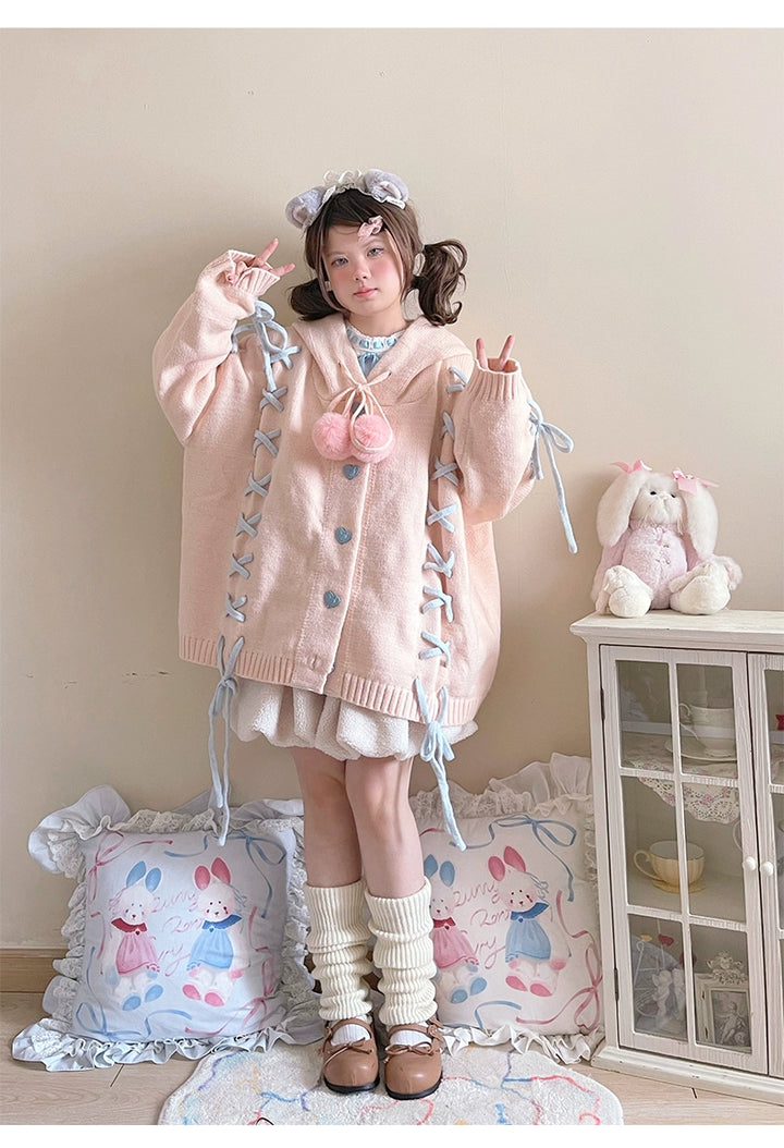 Kawaii White Pink Blue Cardigan Bunny Ears Sweater Coat 22658:345292 22658:345292